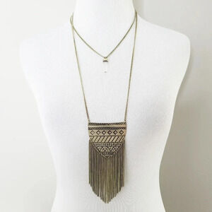 Boho Aztec Fringe Crystal Brass Layer Necklace